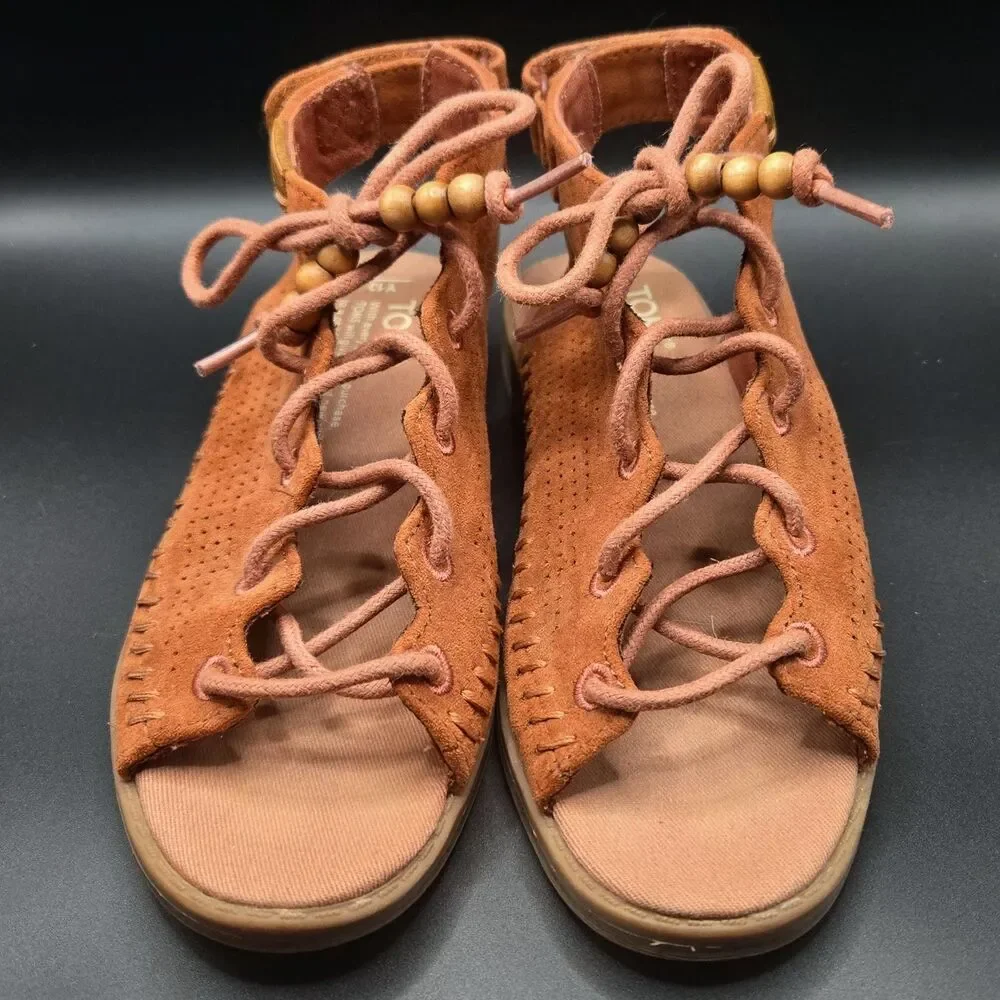 TOMS Kids Uma Suede Wedge Sandals Ginger Terracotta Lace Up Youth Size 13Y NWOT